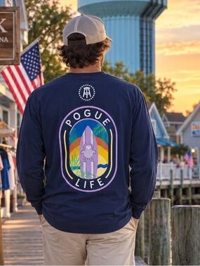 Barstool Sports OBX Pogue Life Comfort Colors Long Sleeve Pocket Tee Navy M